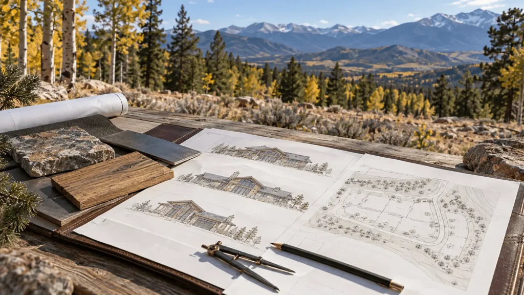Home plans and exterior material samples overlooking a mountain property