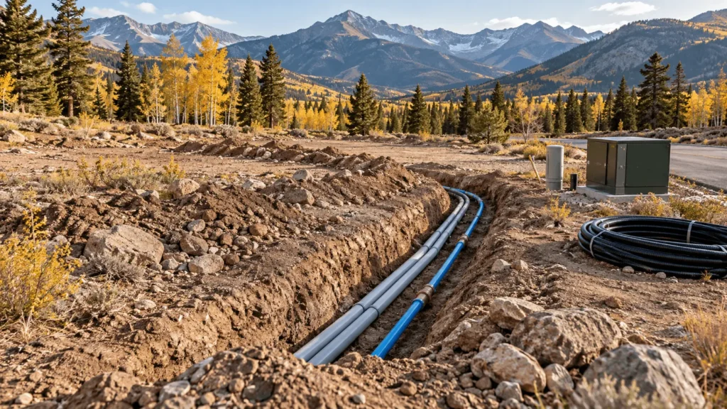 Utility lines being installed along a vacant mountain homesite