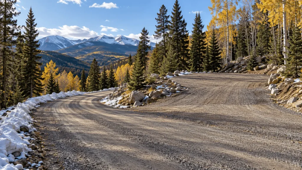 Gravel road leading to a mountain homesite with snow along the edges