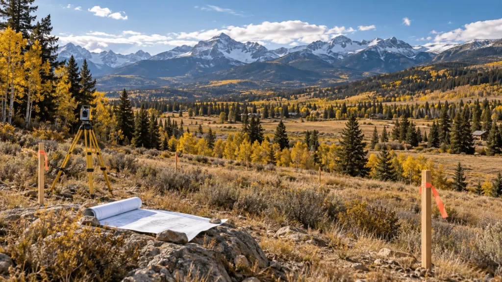 Survey equipment and marked property boundaries on a Colorado mountain lot